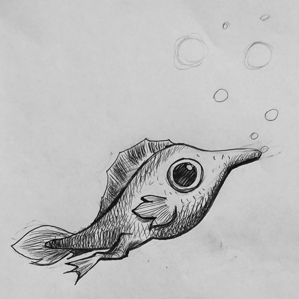 Illustrated Ervil figure with wings underwater.