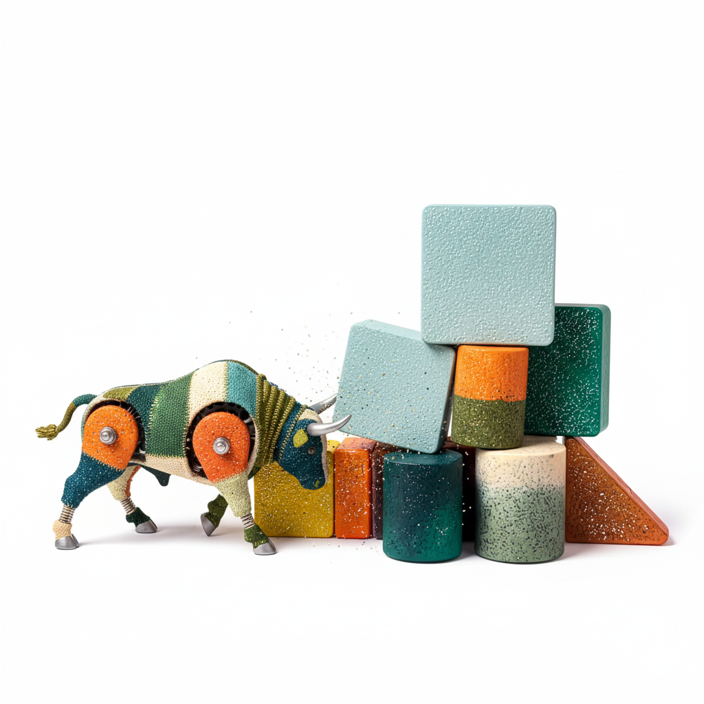 Mechanical bull collage rendered in textured blocks.